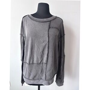 ZIYA Womens Gray Distressed Waffle Knit Long Sleeve Patchwork Top‎